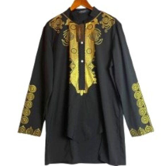 LUC MATTON AFRICAN GILDING MEN'S BLACK DASHIKI SHIRT GOLD DESIGN L NWT - Picture 1 of 9